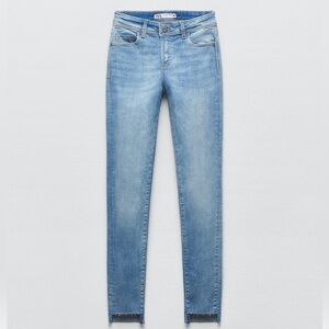 Zara Mid Rise Medium Wash Skinny Jeans with Raw Hem
